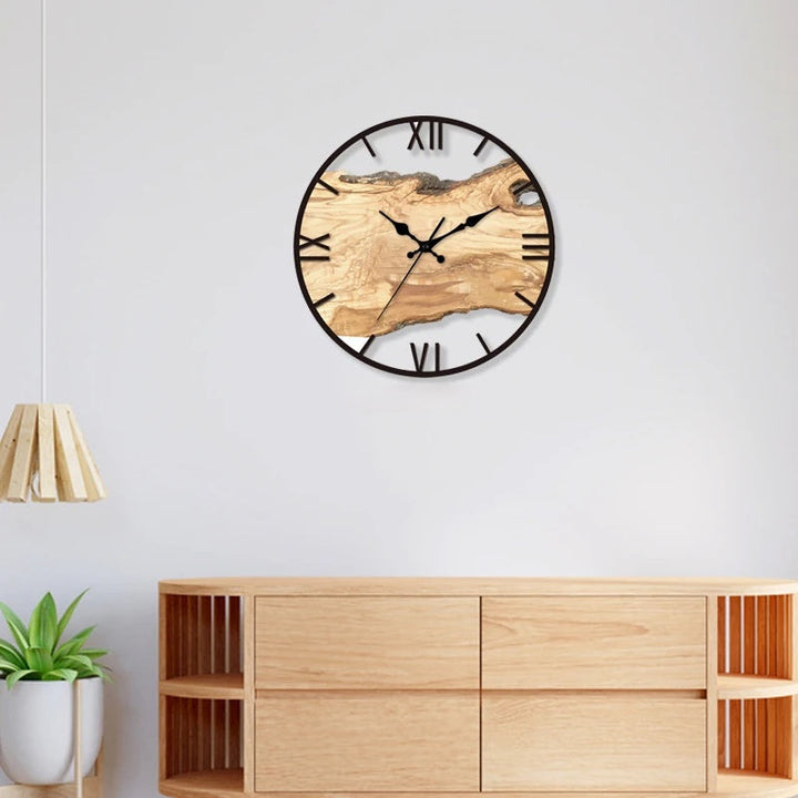 Modern wall clock made of acrylic with wood grain and silent clock mechanism 