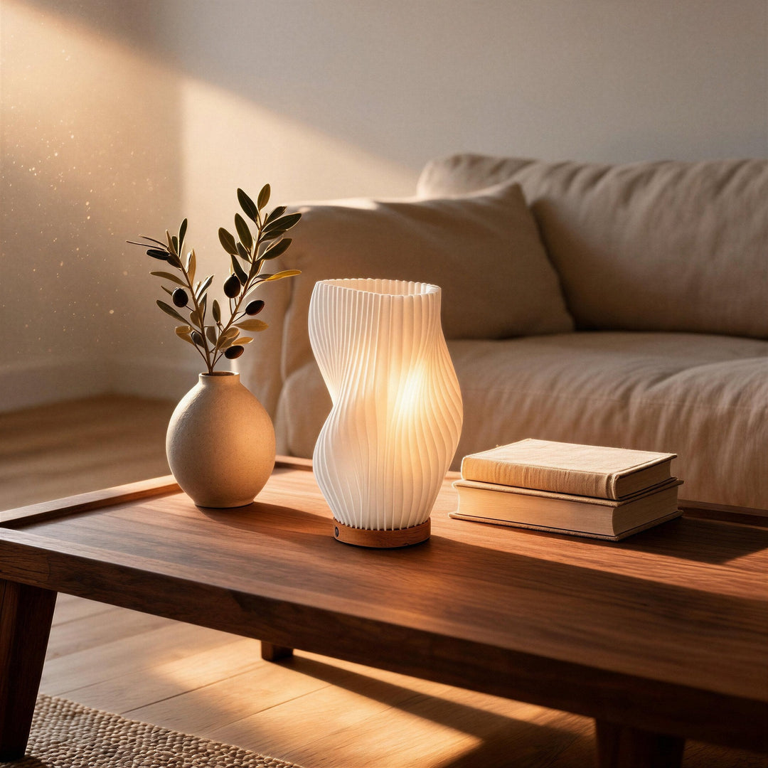 Moderne Tischlampe ohne Kabel mit Holzsockel für Schlafzimmer oder Wohnzimmer