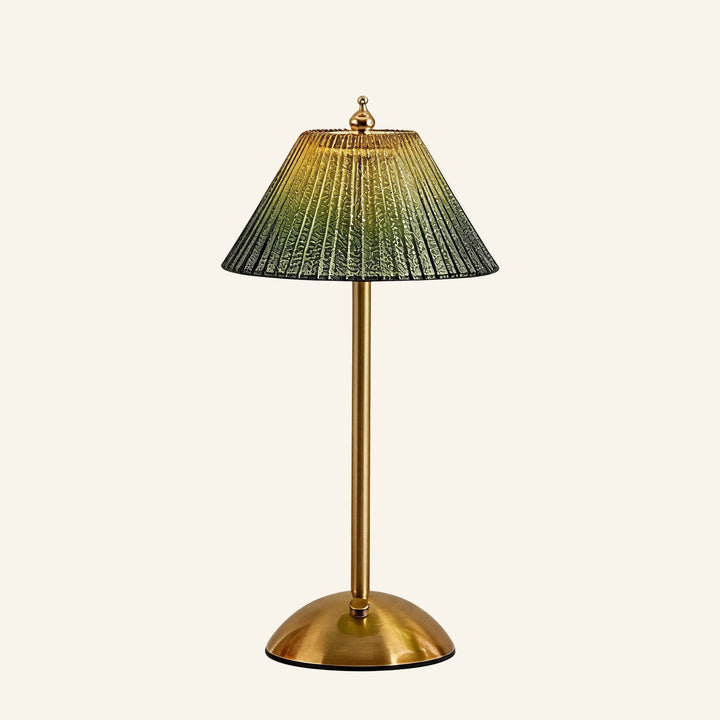 Kabellose Tischlampe aus grünem plissiertem Glas mit messingfarbenem Fuß