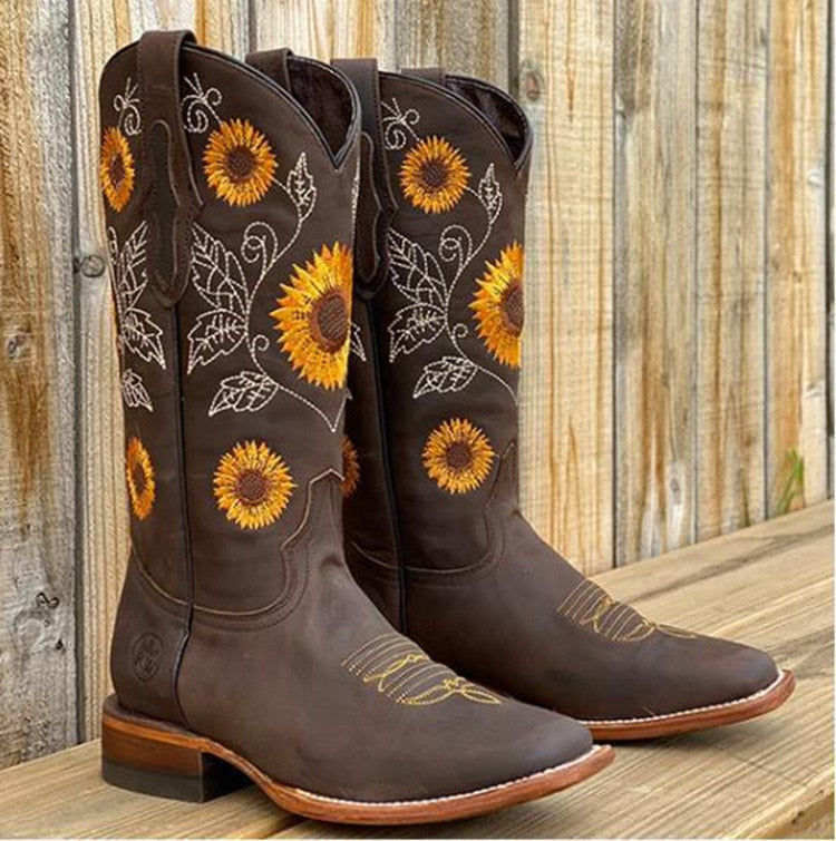 Women's Cowboy Boots with Sunflower Embroidery