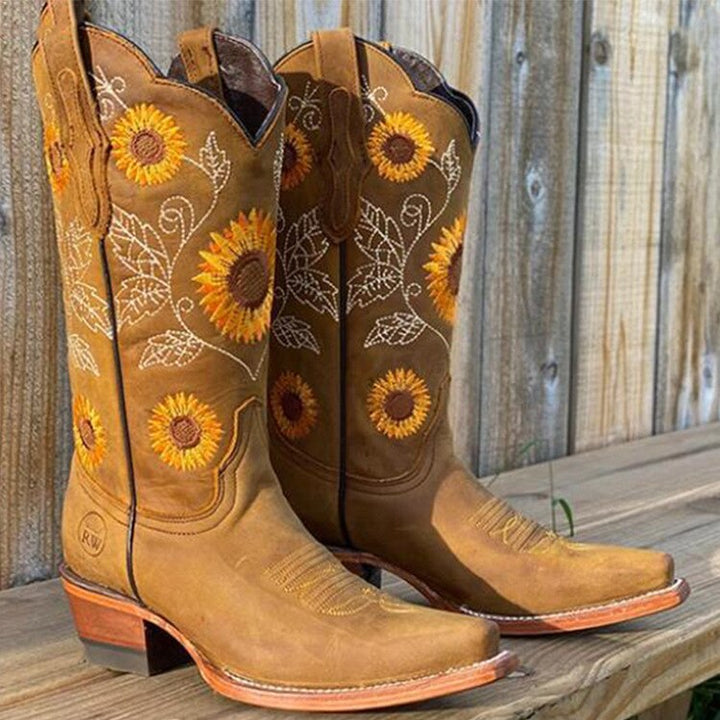 Women's Cowboy Boots with Sunflower Embroidery
