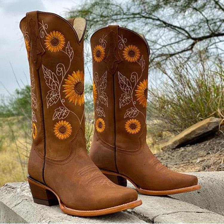 Women's Cowboy Boots with Sunflower Embroidery