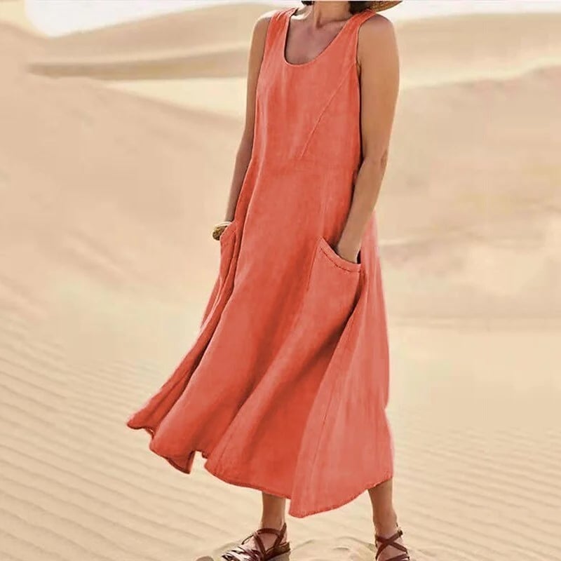 Women’s Sleeveless Cotton Linen Dress with Pockets