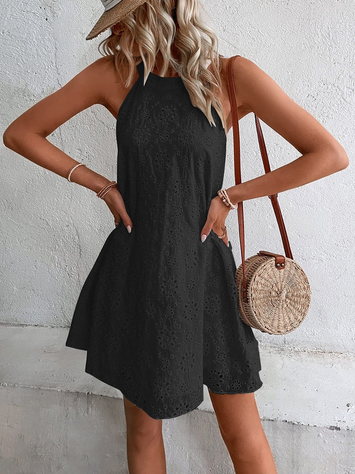 Eyelet Grecian Neckline Mini Dress