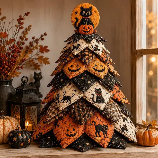 Nähmaterialien für einen festlichen Stoffbaum im Halloween-Stil