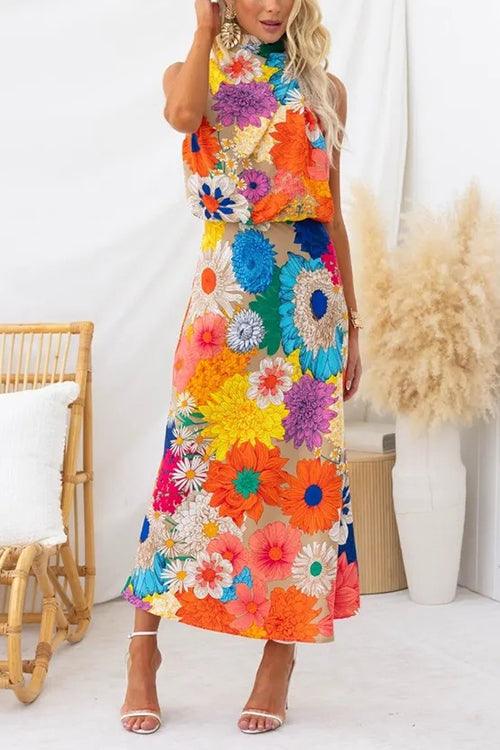 Sleeveless Tie Neck Floral Print Maxi Dress for Summer