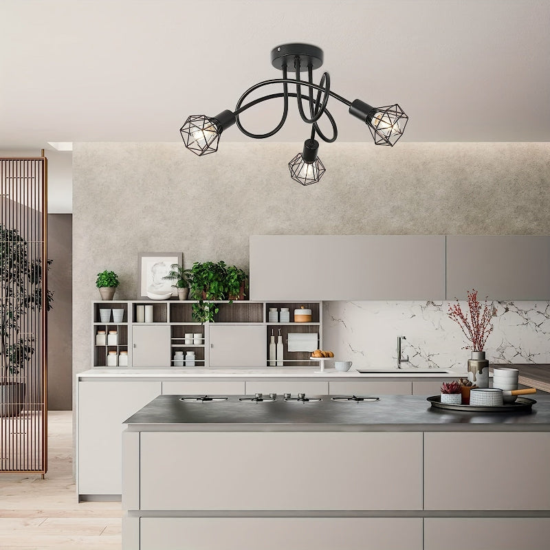 Industrial 3-light ceiling lamp with metal cage