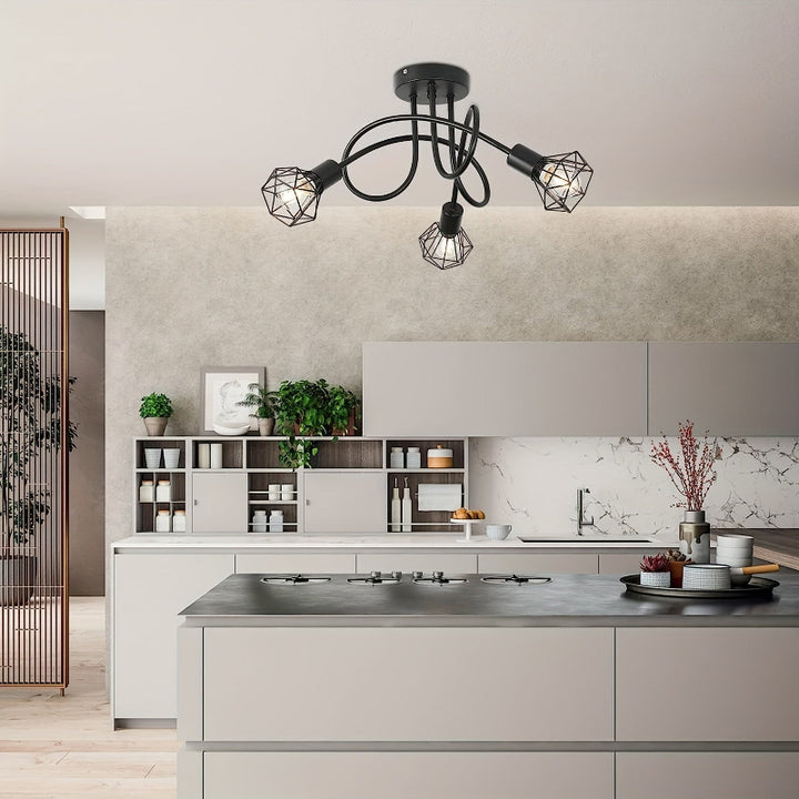 Industrial 3-light ceiling lamp with metal cage