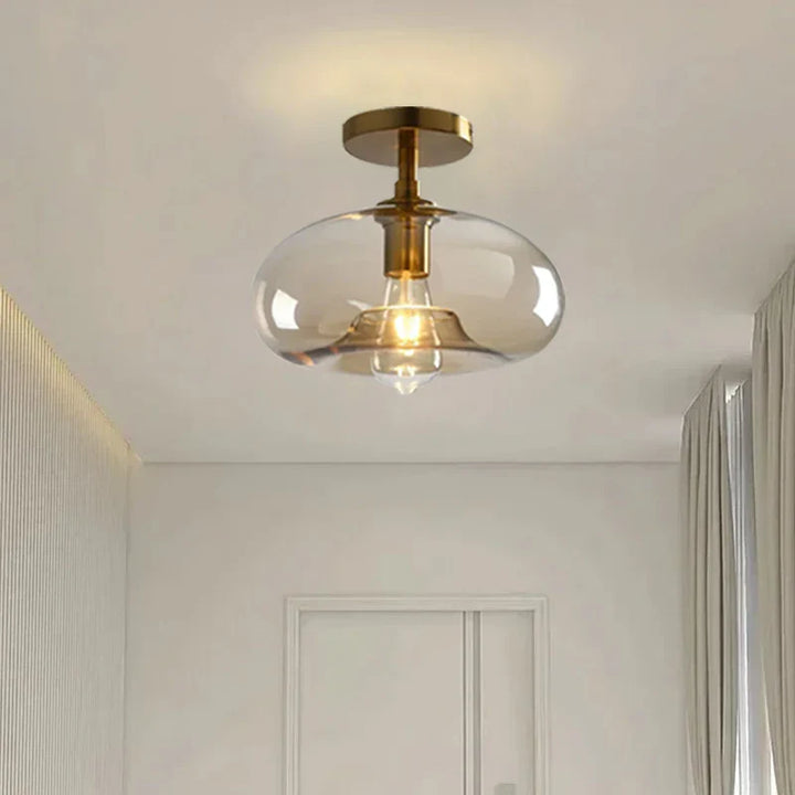 Modern ceiling light with clear glass shade and brass details