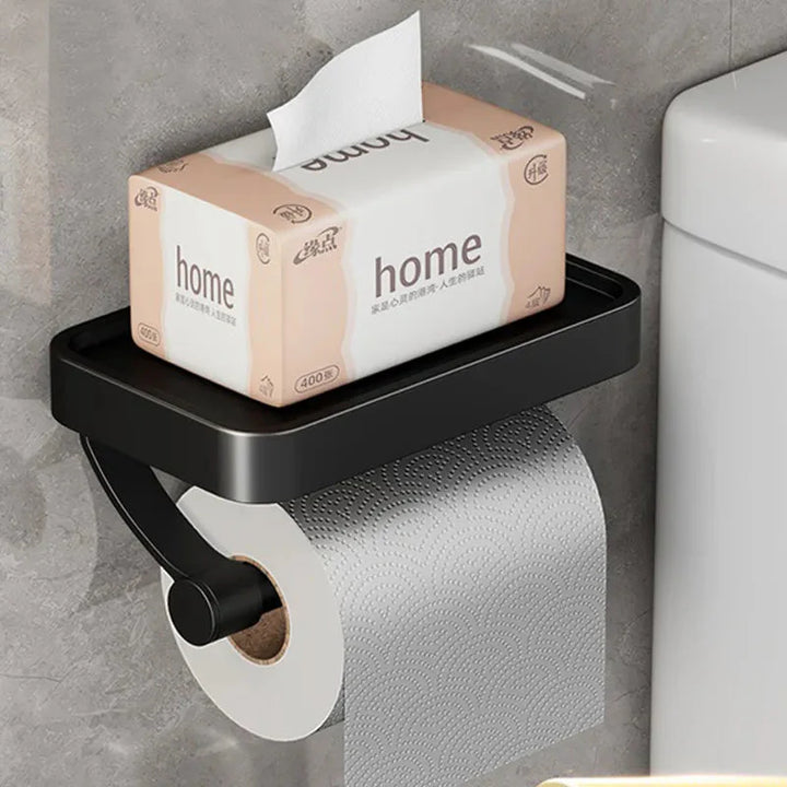 Edelstahl-Toilettenpapierhalter mit Ablage in seitlicher Ansicht