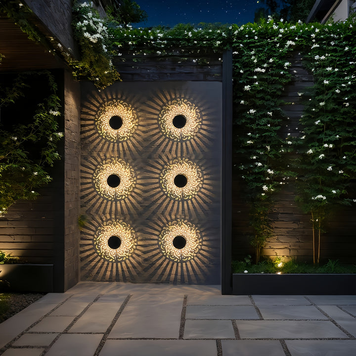 Solar outdoor wall lights with decorative pattern and warm light