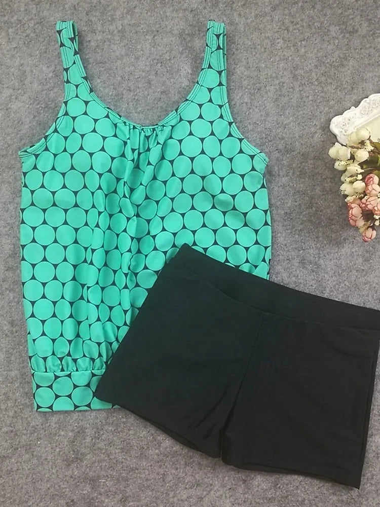 Polka Dot Tankini Swim Set with Swim Shorts and Belly Coverage