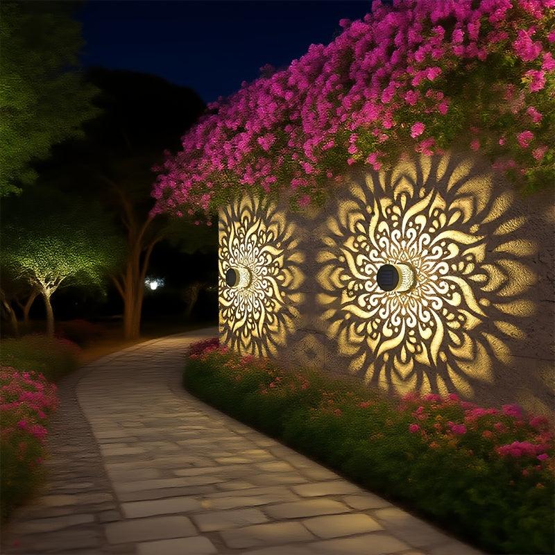 Solar outdoor wall lights with decorative pattern and warm light