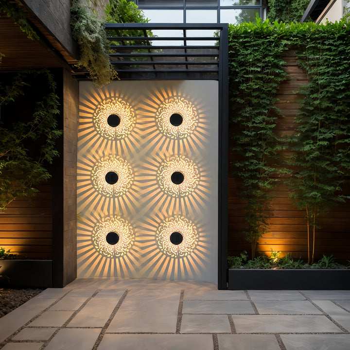 Solar outdoor wall lights with decorative pattern and warm light
