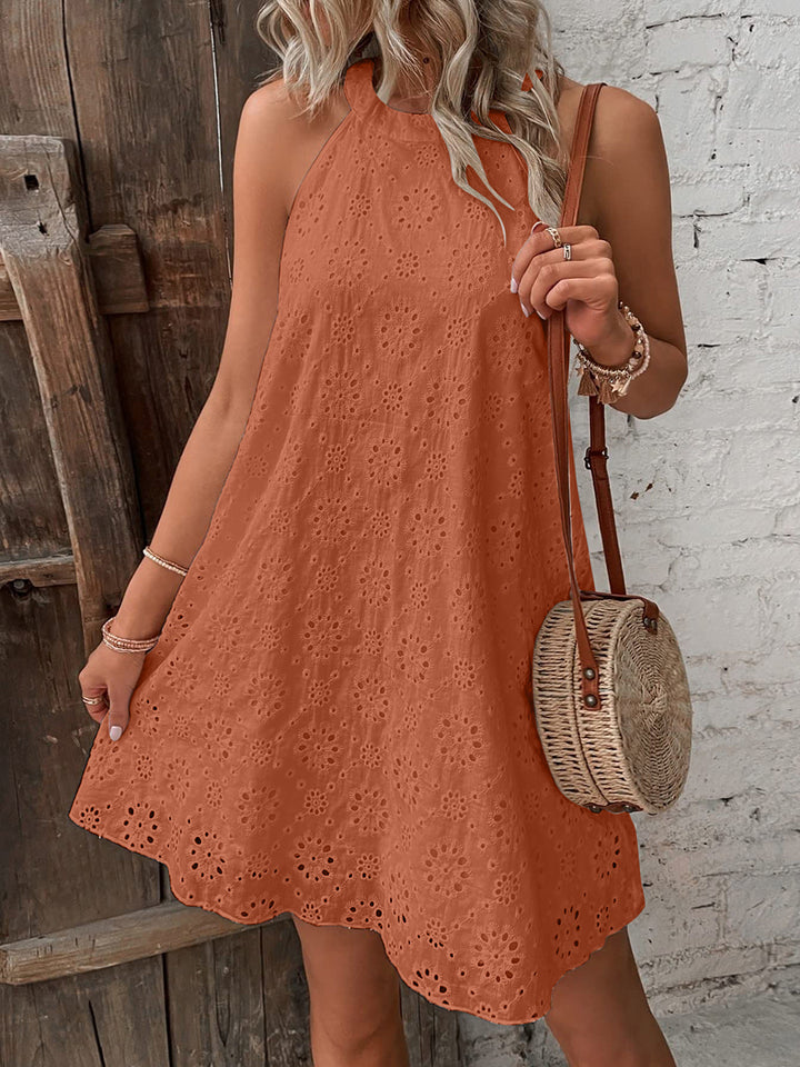 Eyelet Grecian Neckline Mini Dress