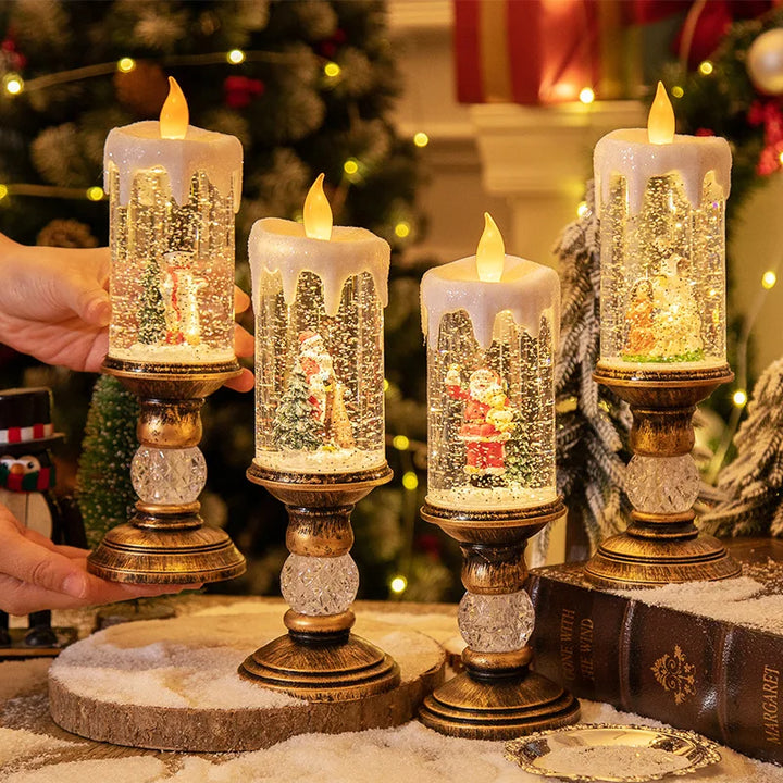Winter LED candles with snow effect and flameless lighting