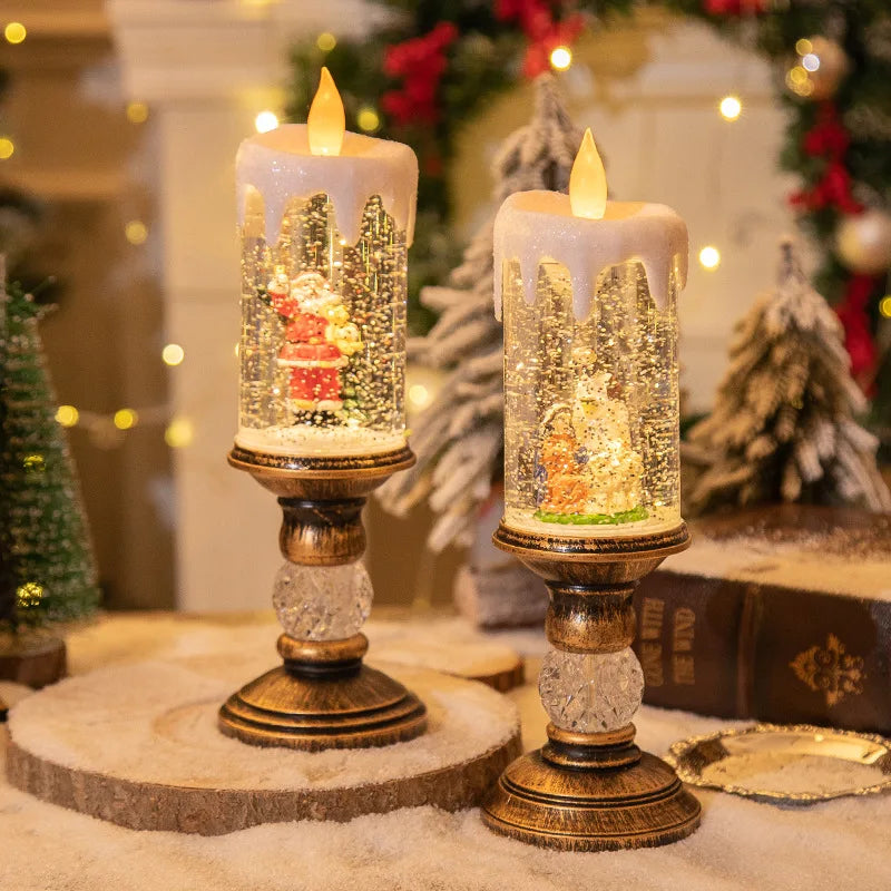 Winter LED candles with snow effect and flameless lighting