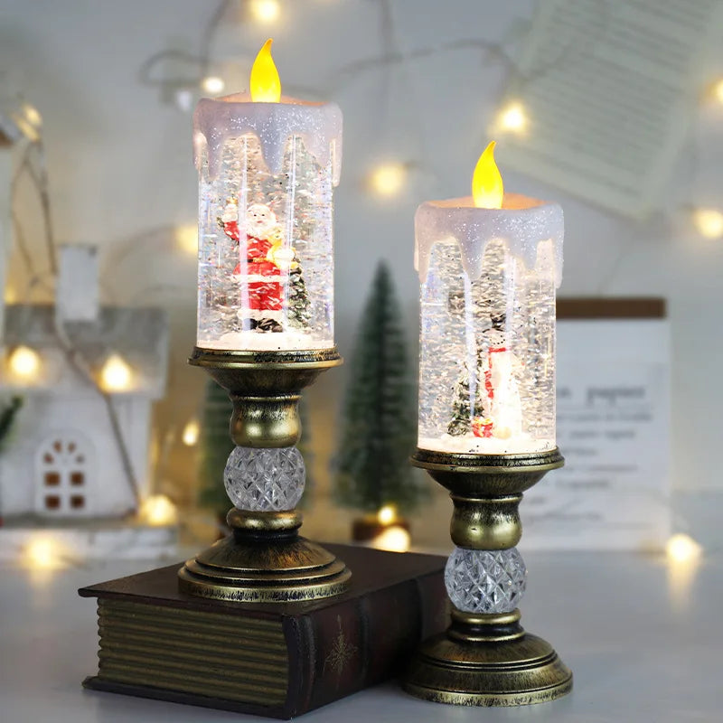 Winter LED candles with snow effect and flameless lighting