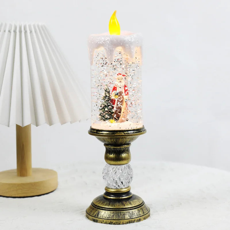 Winter LED candles with snow effect and flameless lighting