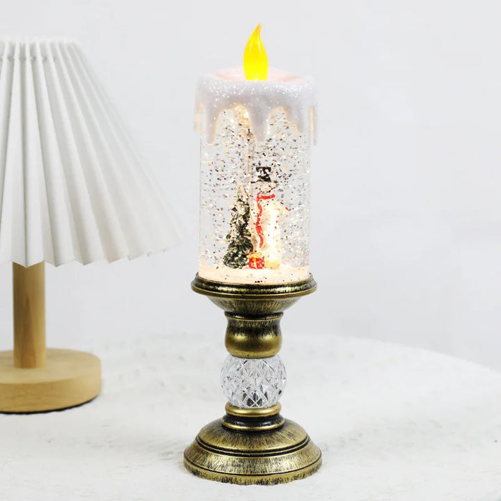 Winter LED candles with snow effect and flameless lighting