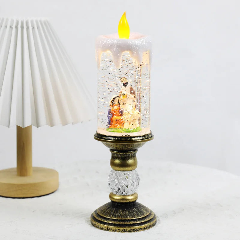 Winter LED candles with snow effect and flameless lighting