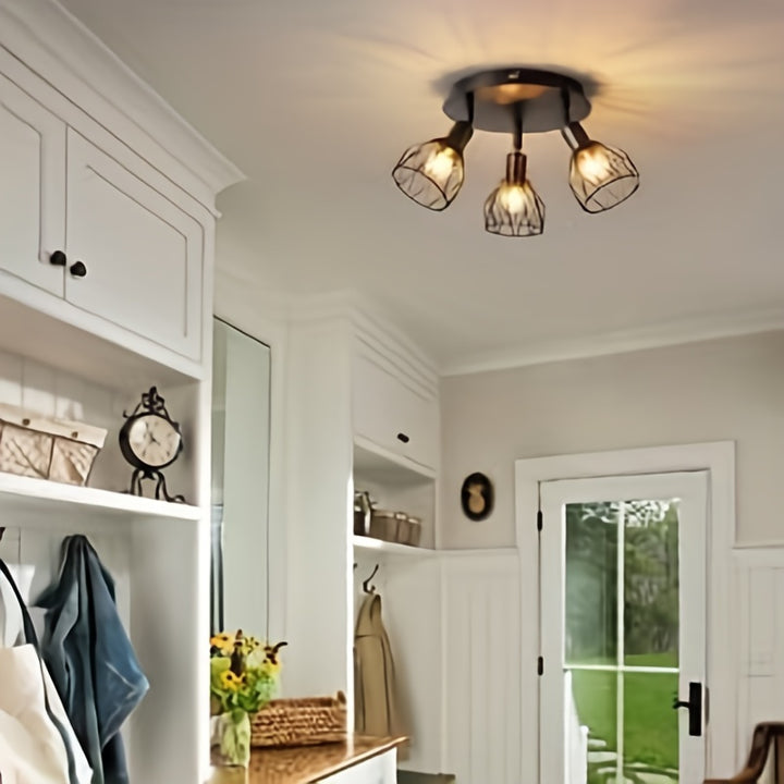 Rustic ceiling light with three rotating lampshades