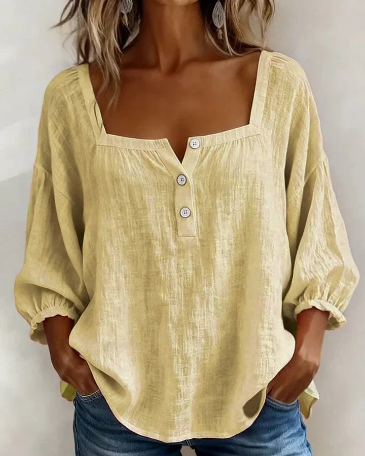 Cotton Blouse with Square Neckline and Long Sleeves