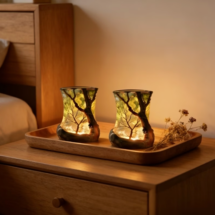 Leuchtende Tischlampe mit filigranen Baumzweigen im natürlichen Design