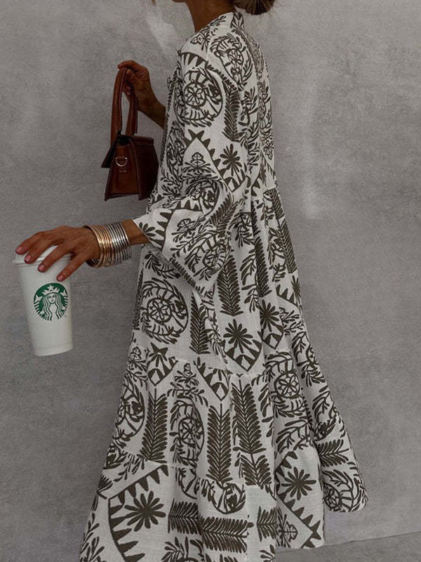 Loose V-Neck Falbala Print Midi Dress with Three-Quarter Sleeves