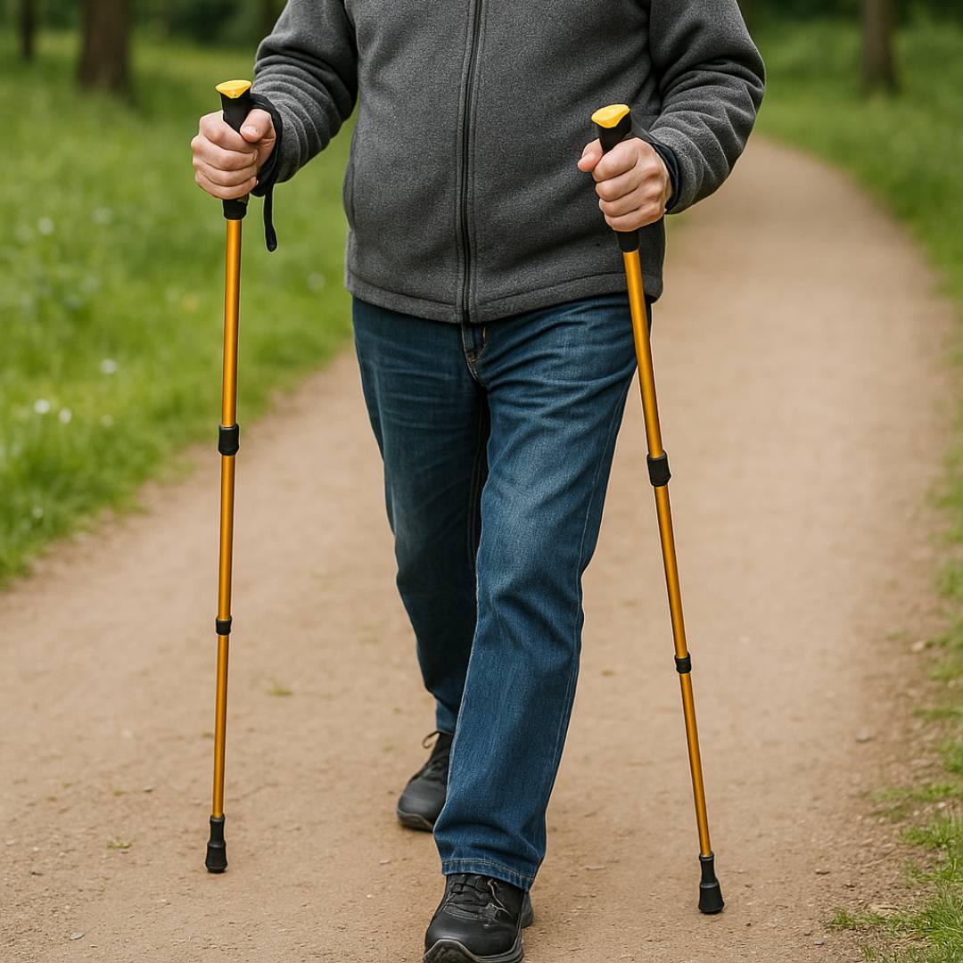 Foldable hiking and walking sticks with adjustable height and non-slip grip