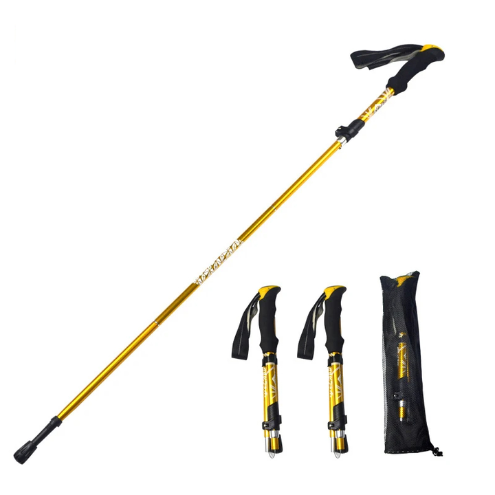Foldable hiking and walking sticks with adjustable height and non-slip grip