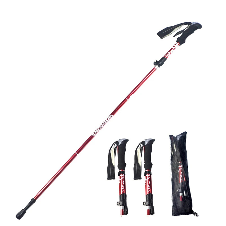 Foldable hiking and walking sticks with adjustable height and non-slip grip