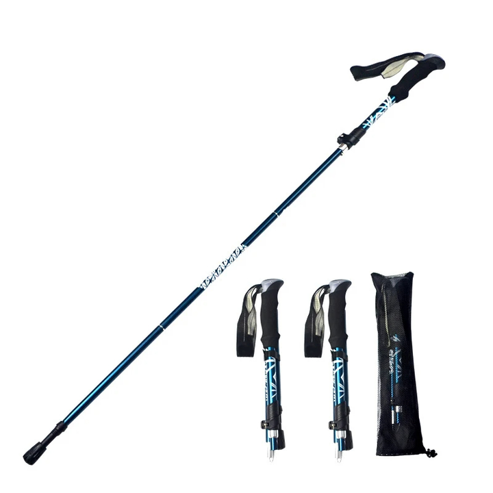 Foldable hiking and walking sticks with adjustable height and non-slip grip