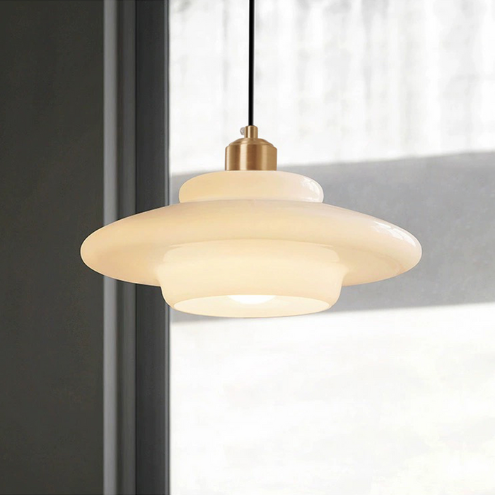 Mid-century style pendant lamp made of frosted glass with brass detail