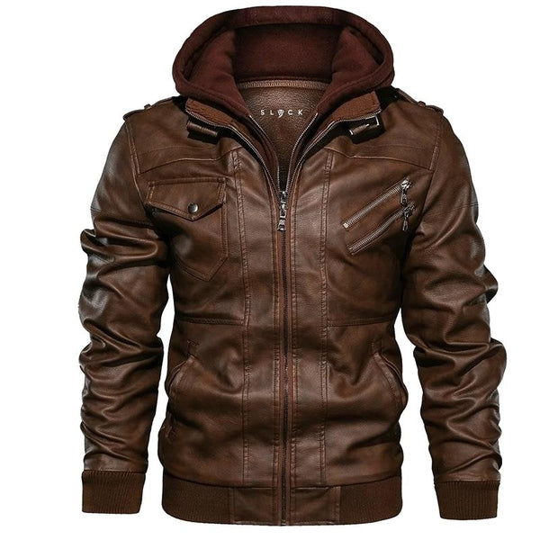 Men's leather jacket with detachable hood and quilted details 