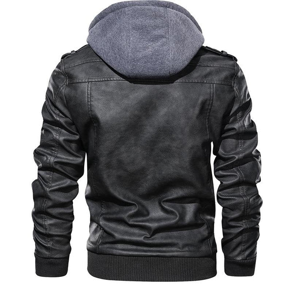 Men's leather jacket with detachable hood and quilted details 