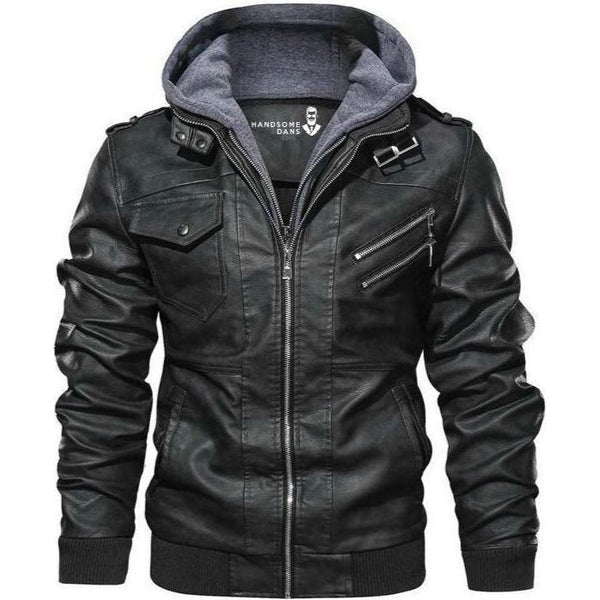 Men's leather jacket with detachable hood and quilted details 