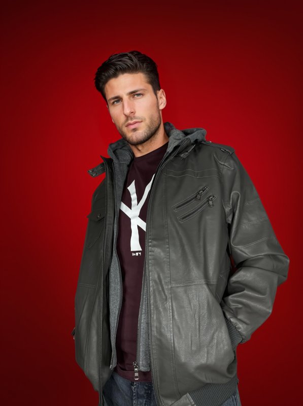 Men's leather jacket with detachable hood and quilted details 