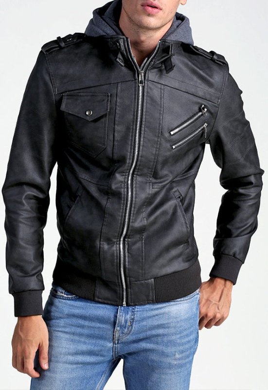 Men's leather jacket with detachable hood and quilted details 