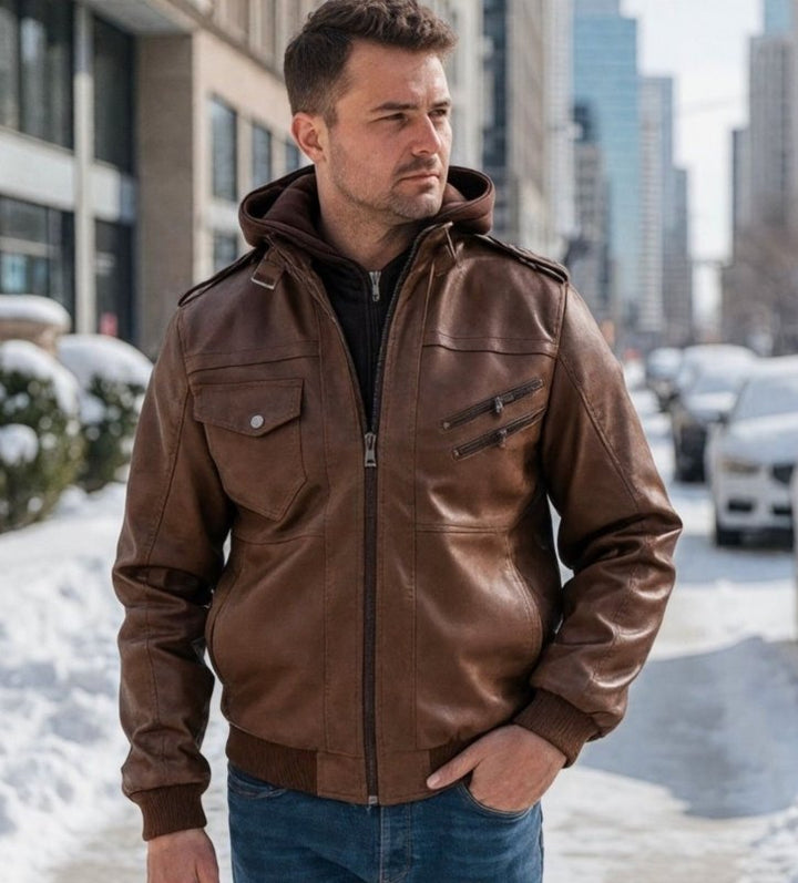 Men's leather jacket with detachable hood and quilted details 