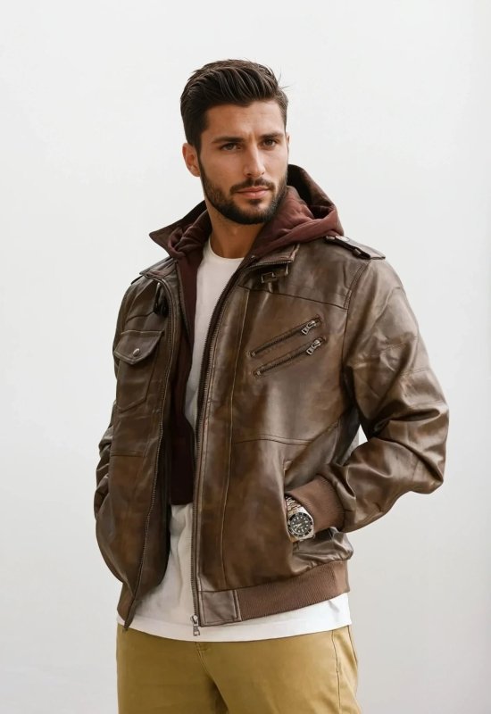 Men's leather jacket with detachable hood and quilted details 