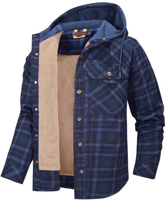 Men's Checkered Jacket with Fleece Lining and Hood 