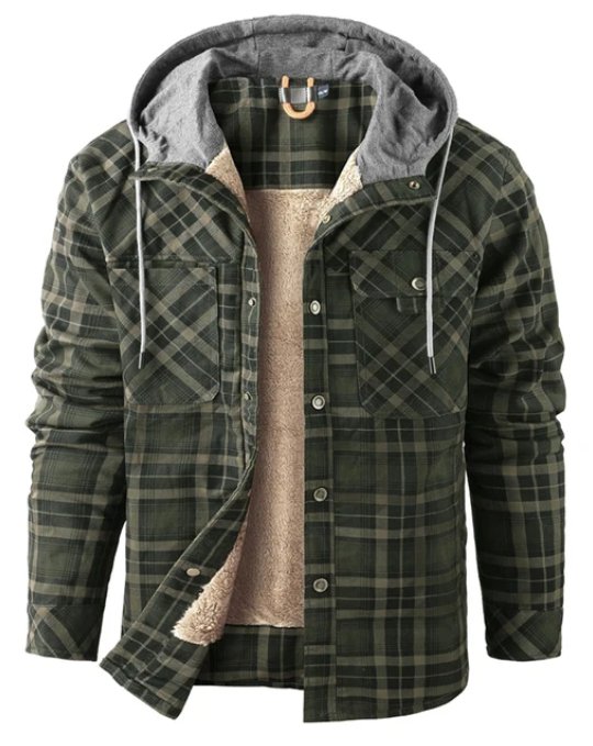 Men's Checkered Jacket with Fleece Lining and Hood 