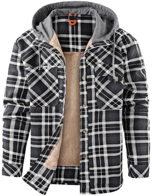 Men's Checkered Jacket with Fleece Lining and Hood 