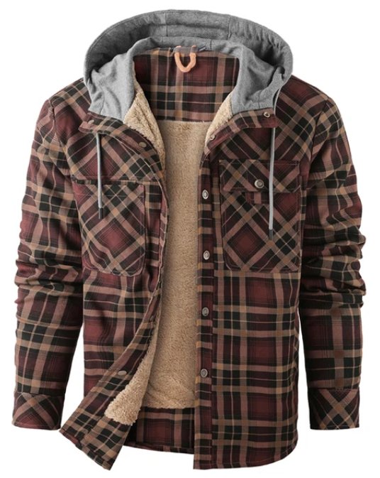 Men's Checkered Jacket with Fleece Lining and Hood 