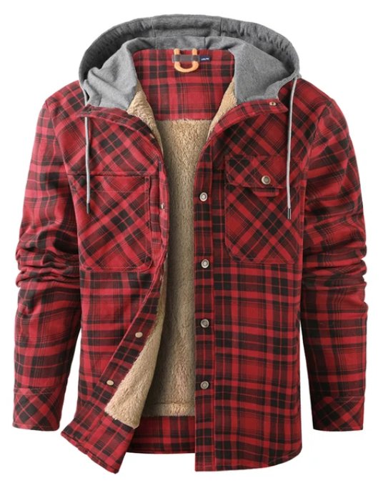Men's Checkered Jacket with Fleece Lining and Hood 