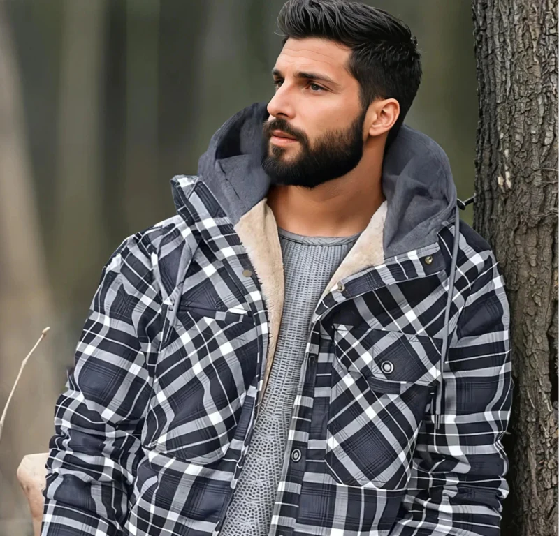 Men's Checkered Jacket with Fleece Lining and Hood 