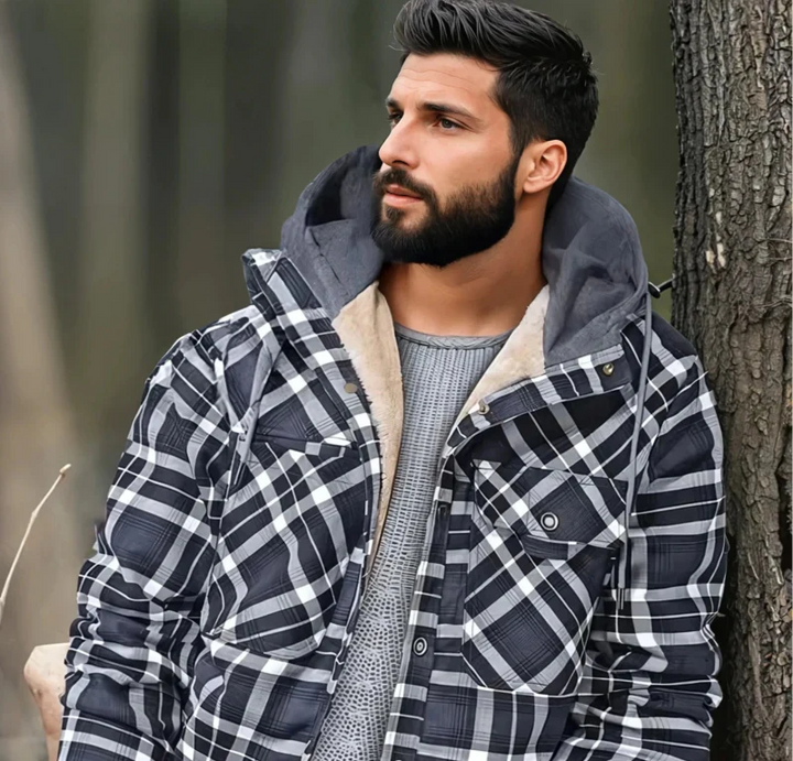 Men's Checkered Jacket with Fleece Lining and Hood 