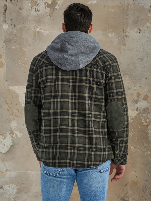 Men's Checkered Jacket with Fleece Lining and Hood 