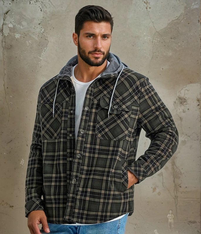 Men's Checkered Jacket with Fleece Lining and Hood 